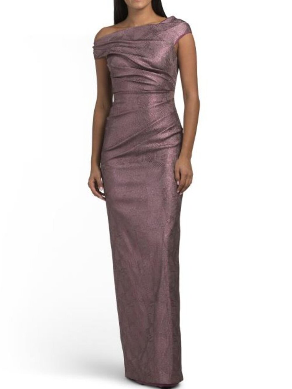 TERI JON Stretch Jacquard Ruched Asymmetrical Neck Gown